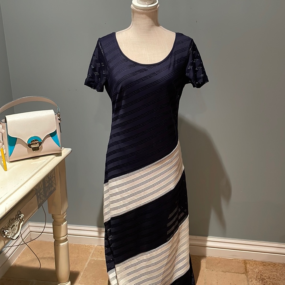Navy and white asymmetrical striped dress size s